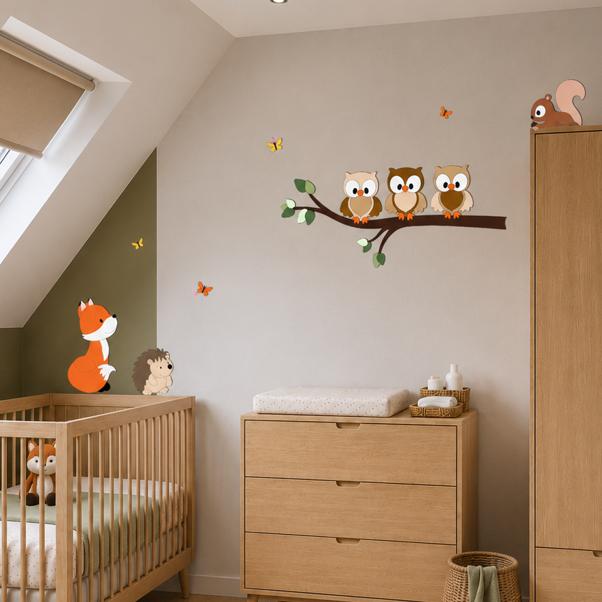 Wanddecoratie voor kinderkamer; tak met groene bladeren en uiltjes in natuurlijke kleuren.