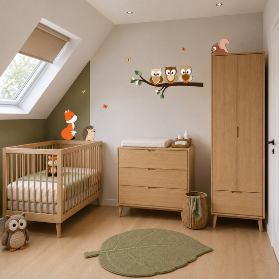 Wanddecoratie voor kinderkamer; tak met groene bladeren en uiltjes in natuurlijke kleuren.