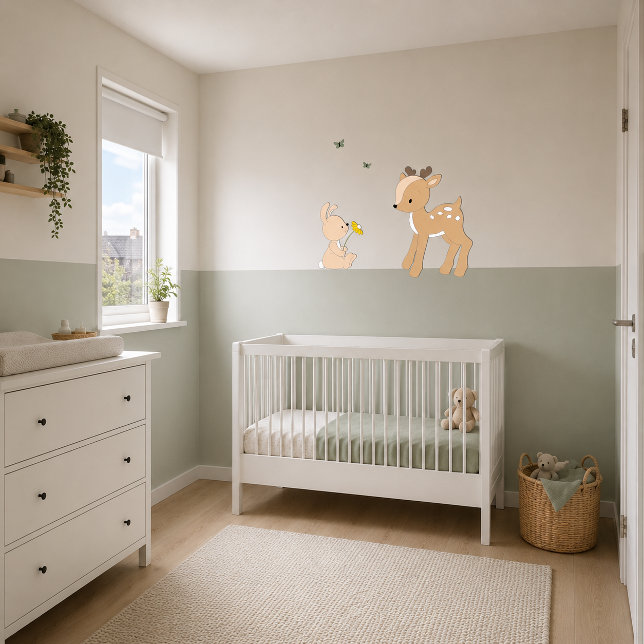 Babykamer met wit ledikant, groene lambrisering en houten wanddecoratie van een hertje en konijntje met vlinders.
