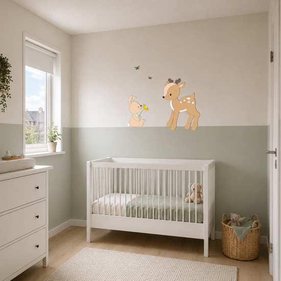 Babykamer met wit ledikant, groene lambrisering en houten wanddecoratie van een hertje en konijntje met vlinders.
