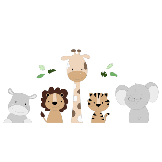 Muurstickers muurdecoratie babykamer hout jungle safaridieren beige giraf, leeuw en olifant