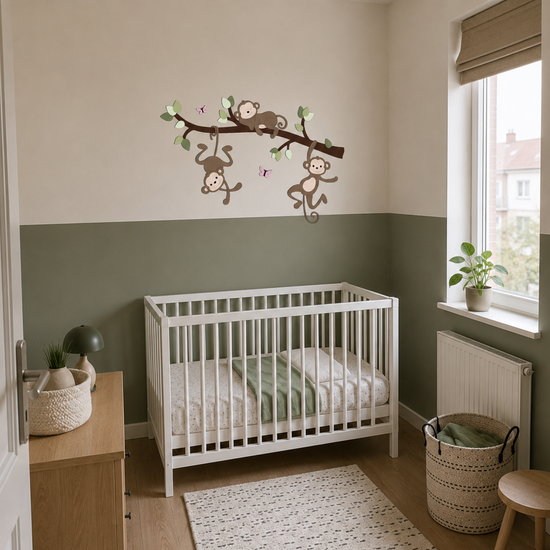 muurdecoratie voor de babykamer, tak met groene bladeren en 3 aapjes, geschikt voor jungle of safari thema.