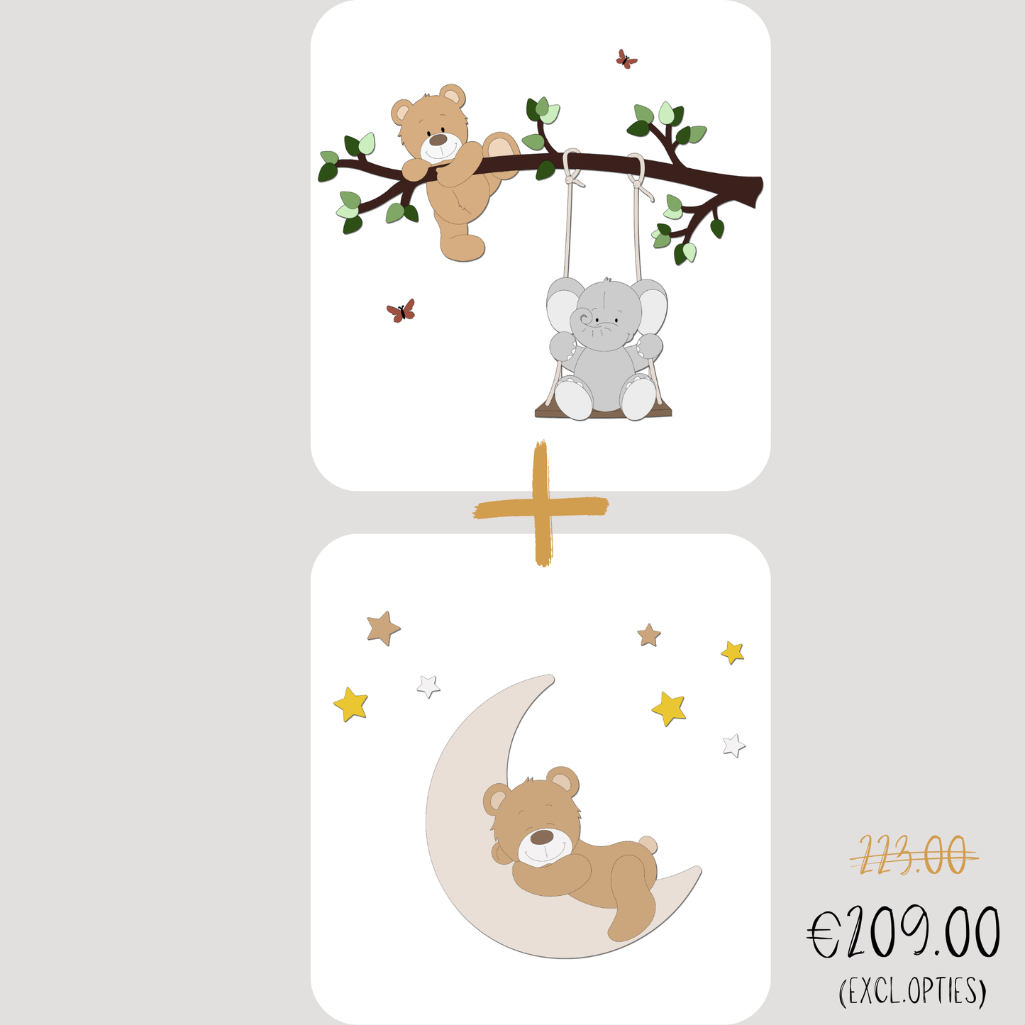 Kortings deal muurdecoratie tak met schommelend olifantje en klauterend beertje, samen met slapend beertje op een maan.