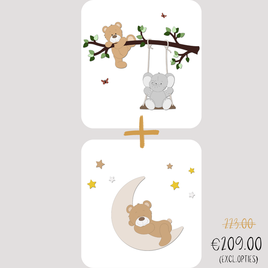 Kortings deal muurdecoratie tak met schommelend olifantje en klauterend beertje, samen met slapend beertje op een maan.