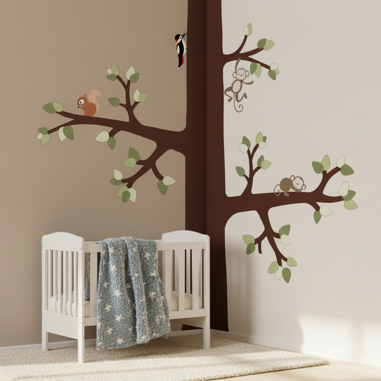 muursticker van grote boom met bosdieren en vosje. Geschikt voor babykamer in bosthema.