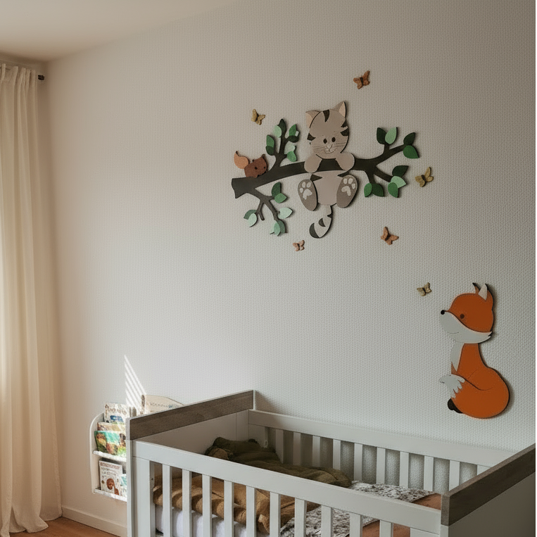 muurstickers voor babykamer: tak met groene bladeren, poes en eekhoorntje.