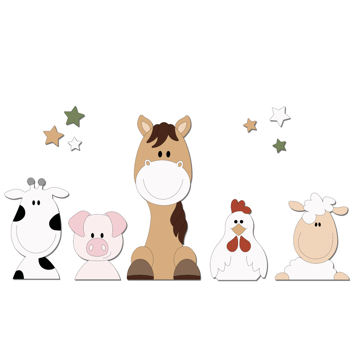 Wanddecoratie boederijdieren in natureltinten, paard, koe varken, kip en schaap. Geschikt voor baby- en kinderkamer.