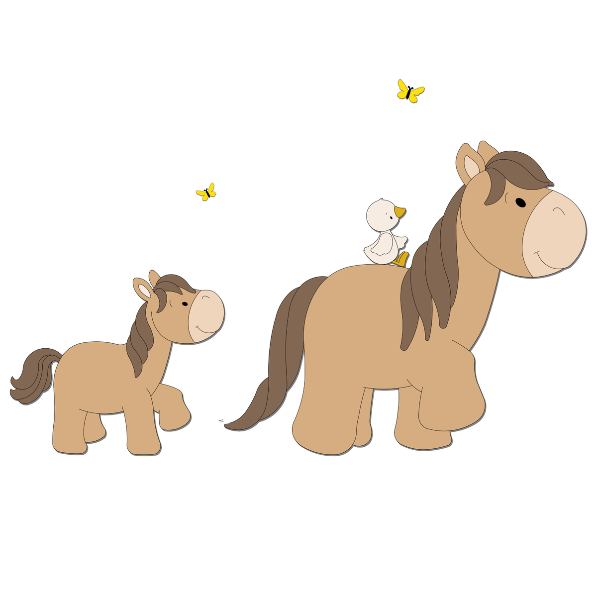 decoratie voor babykamer; groot paard met veulentje en schattig eendje.
