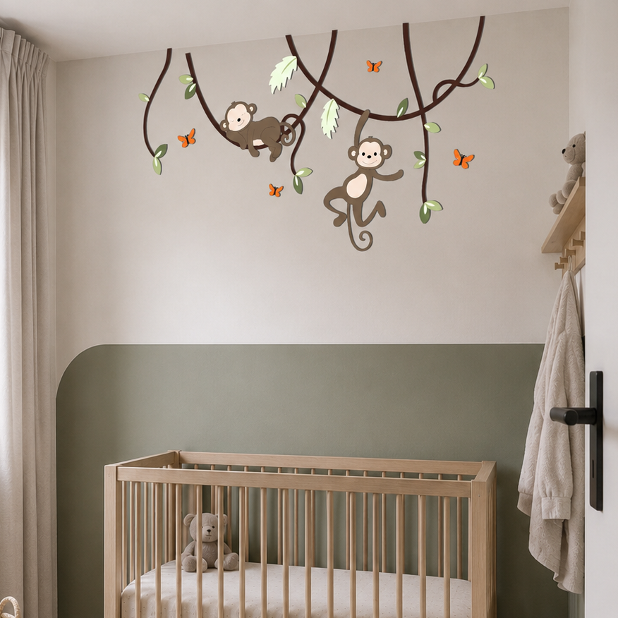muurdecoratie voor babykamer, lianen met slapend en hangend aapje, geschikt voor jungle of safari thema.