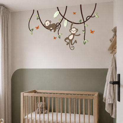 muurdecoratie voor babykamer, lianen met slapend en hangend aapje, geschikt voor jungle of safari thema.