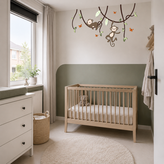 muurdecoratie voor babykamer, lianen met slapend en hangend aapje, geschikt voor jungle of safari thema.