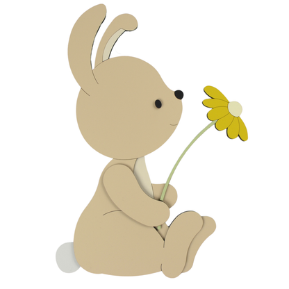 muurdecoratie voor de babykamer, schattig zittend konijntje met bloemetje.
