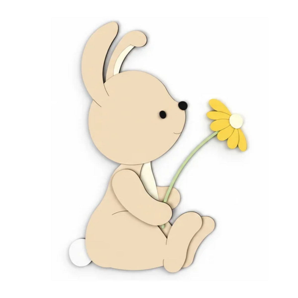 muurdecoratie voor de babykamer, schattig zittend konijntje met bloemetje.