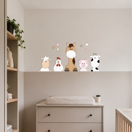 decoratie boederijdieren in natureltinten, paard, koe varken, kip en schaap. Geschikt voor baby- en kinderkamer.