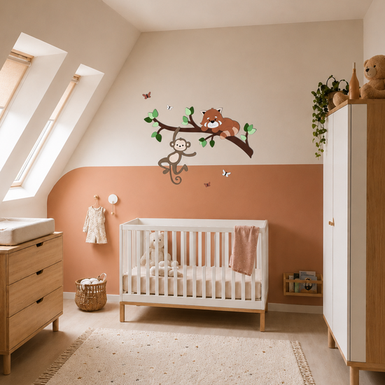 muursticker voor babykamer: tak met groene bladeren, aapje en rode panda.