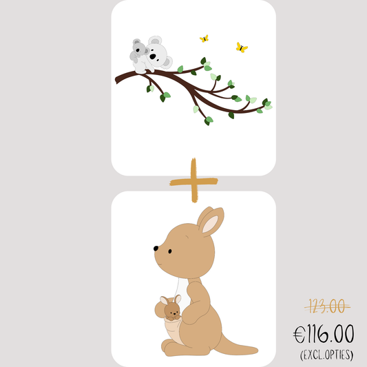 Kortings deal van houten muurdecoratie voor de babykamer; tak met koala en kangoeroe met baby in zachte beigetinten.