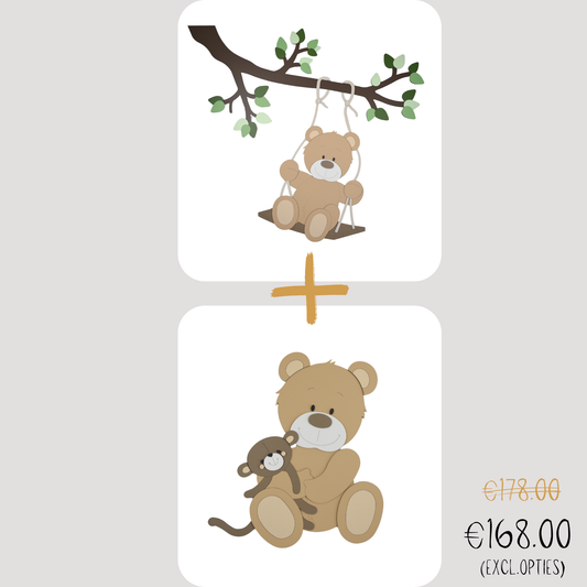 Kortings deal voor tak met schommelend beertje en beer met knuffel aap.