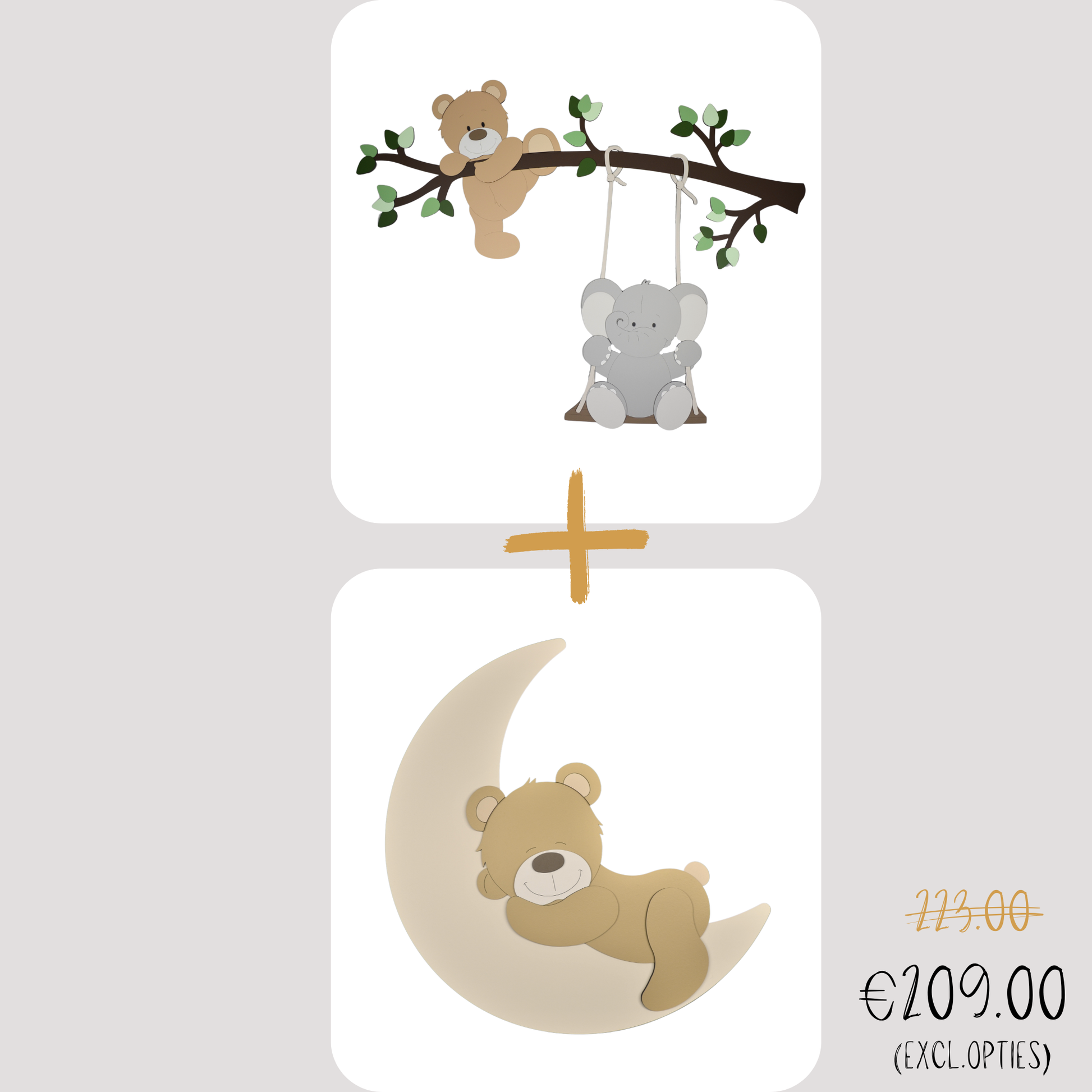 Kortings deal houten muurdecoraties tak met schommelend olifantje en klauterend beertje, samen met slapend beertje op een maan.