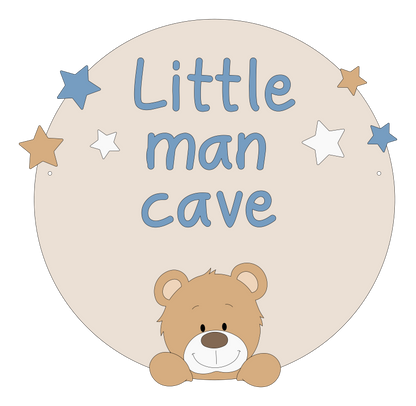 Decoratie muurcirkel babykamer hout schattige beige beer op beige rond bord met de tekst little man cave