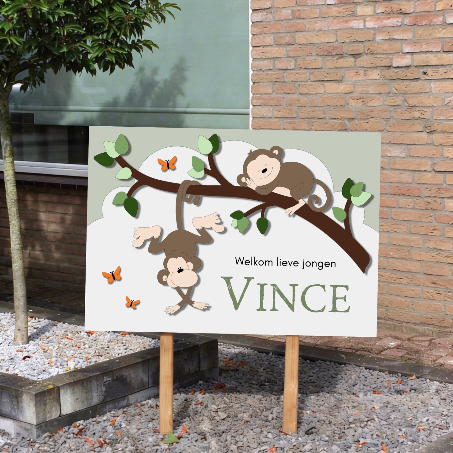 Geboortebord tuin - tak met slapend en hangend aapje - kleur te kiezen (70x50cm)