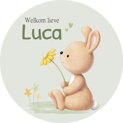 Geboortebord tuin - konijntje met bloem - kleur te kiezen (Ø60cm)