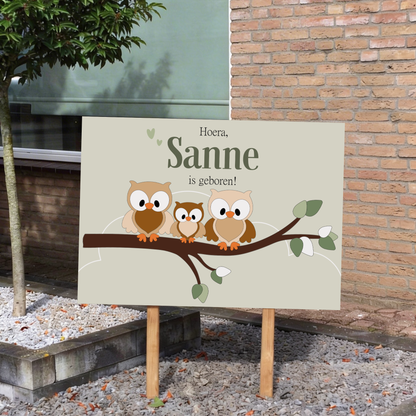 Geboortebord tuin -  tak met uiltjes - kleur te kiezen (70x50cm)