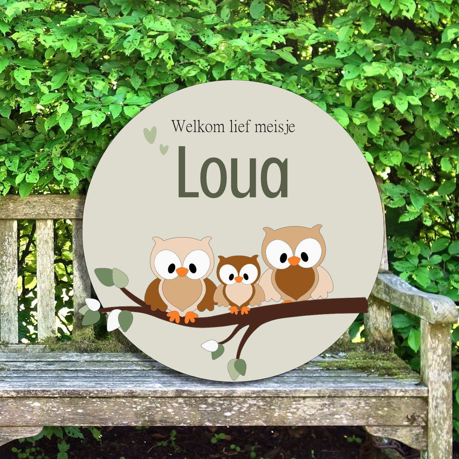 Geboortebord buiten rond tak met uiltjes op groene achtergrond