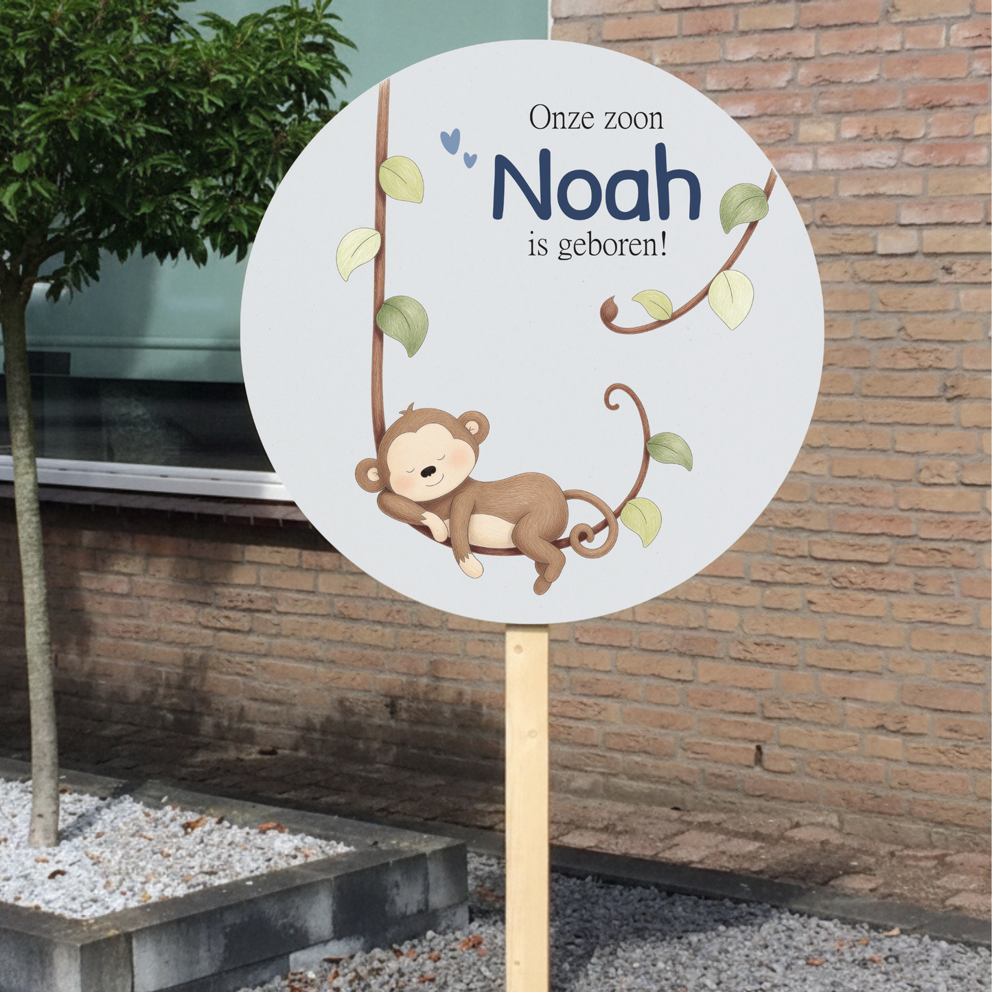 Geboortebord tuin - slapend aapje op lianen - kleur te kiezen (Ø60cm)