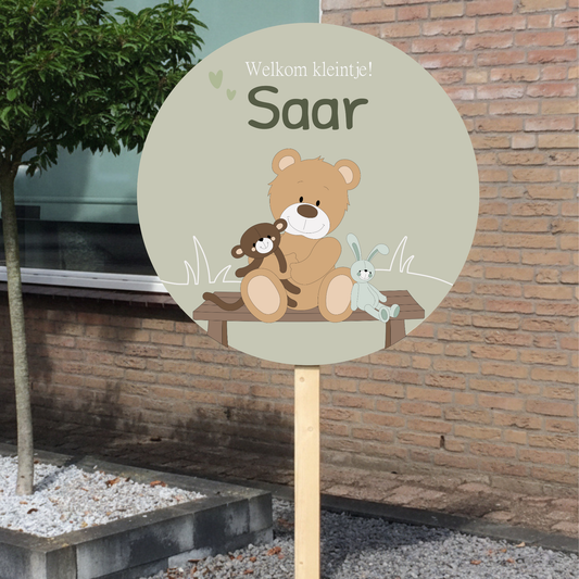Geboortebord tuin -  beer met knuffels - kleur te kiezen (Ø60cm)