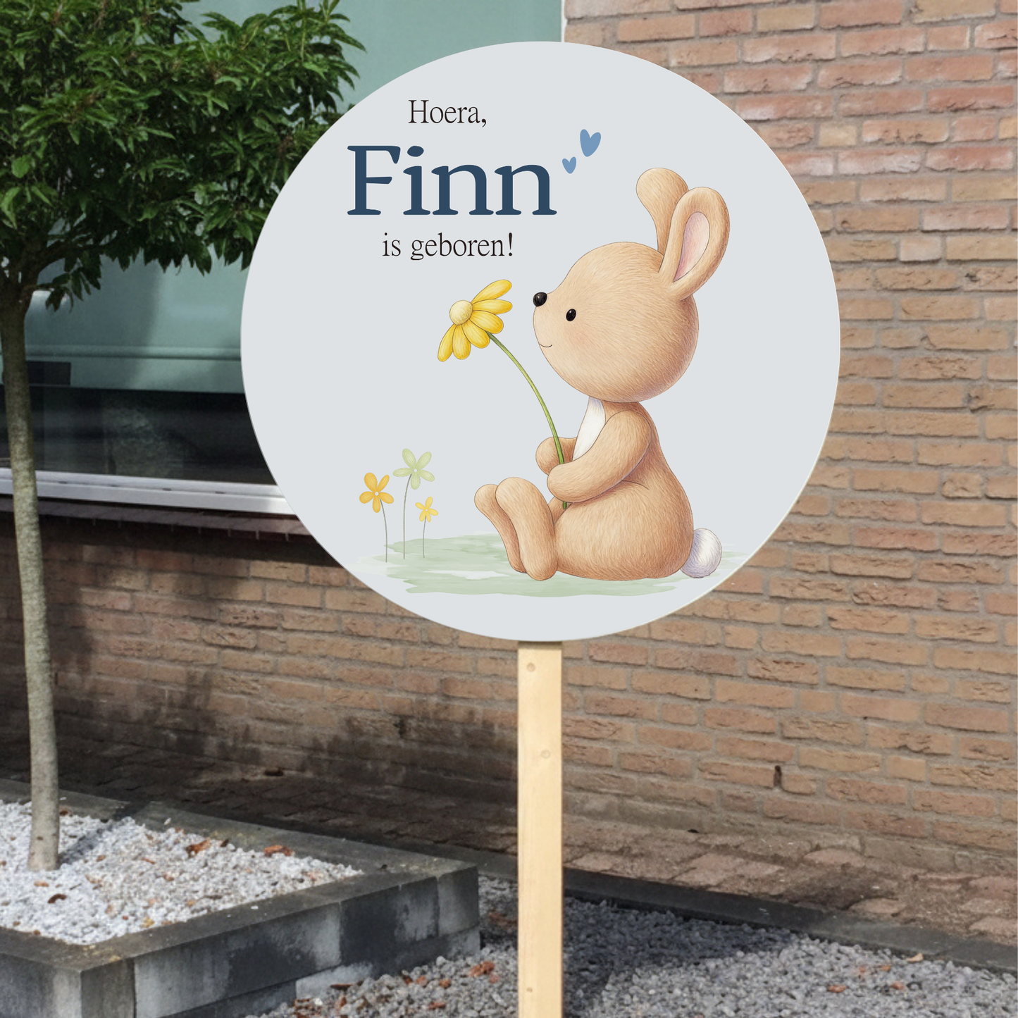 Geboortebord tuin - konijntje met bloem - kleur te kiezen (Ø60cm)