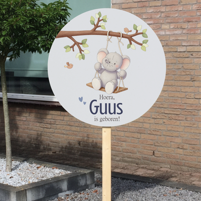 Geboortebord tuin - tak met schommelend olifantje - kleur te kiezen (Ø60cm)