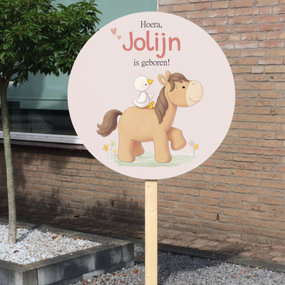 Geboortebord tuin - veulen met eendje - kleur te kiezen (Ø60cm)