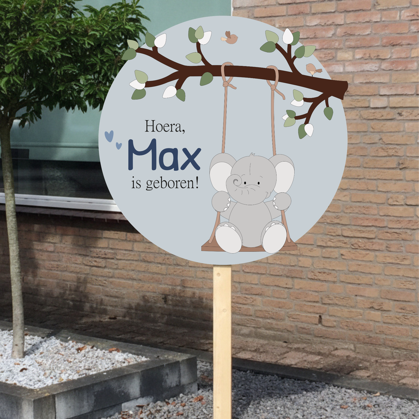 Geboortebord tuin - tak met schommelend olifant - kleur te kiezen (Ø60cm)