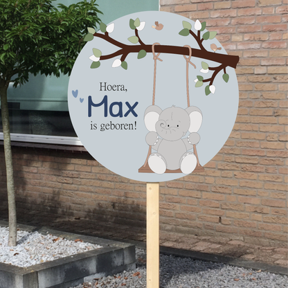 Geboortebord tuin - tak met schommelend olifant - kleur te kiezen (Ø60cm)