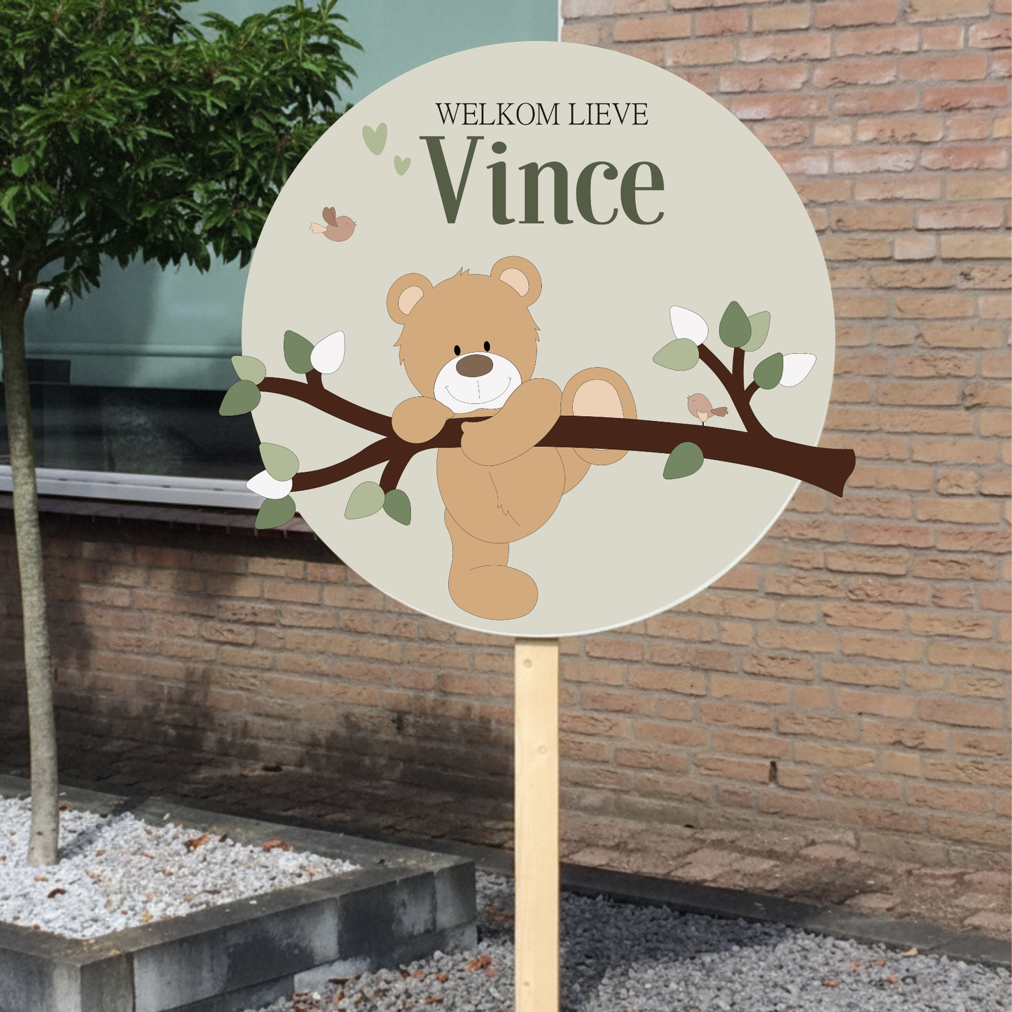 Geboortebord tuin - tak met klauterend beertje - kleur te kiezen (Ø60cm) - ani