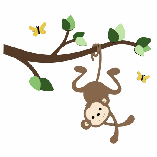 Wanddecoratie voor de babykamer; tak met groene bladeren en grappig hangend aapje.