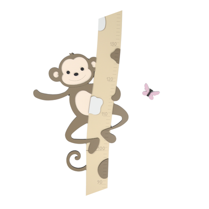 Houten groeimeter voor babykamer; giraf met aapje in natuurlijke kleuren.
