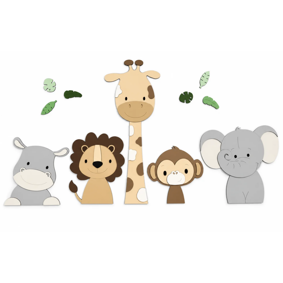 Houten muurdecoratie voor kinderkamer in junglethema, leeuw giraf en olifant in natuurlijke kleuren. geschikt voor een babykamer met safarithema