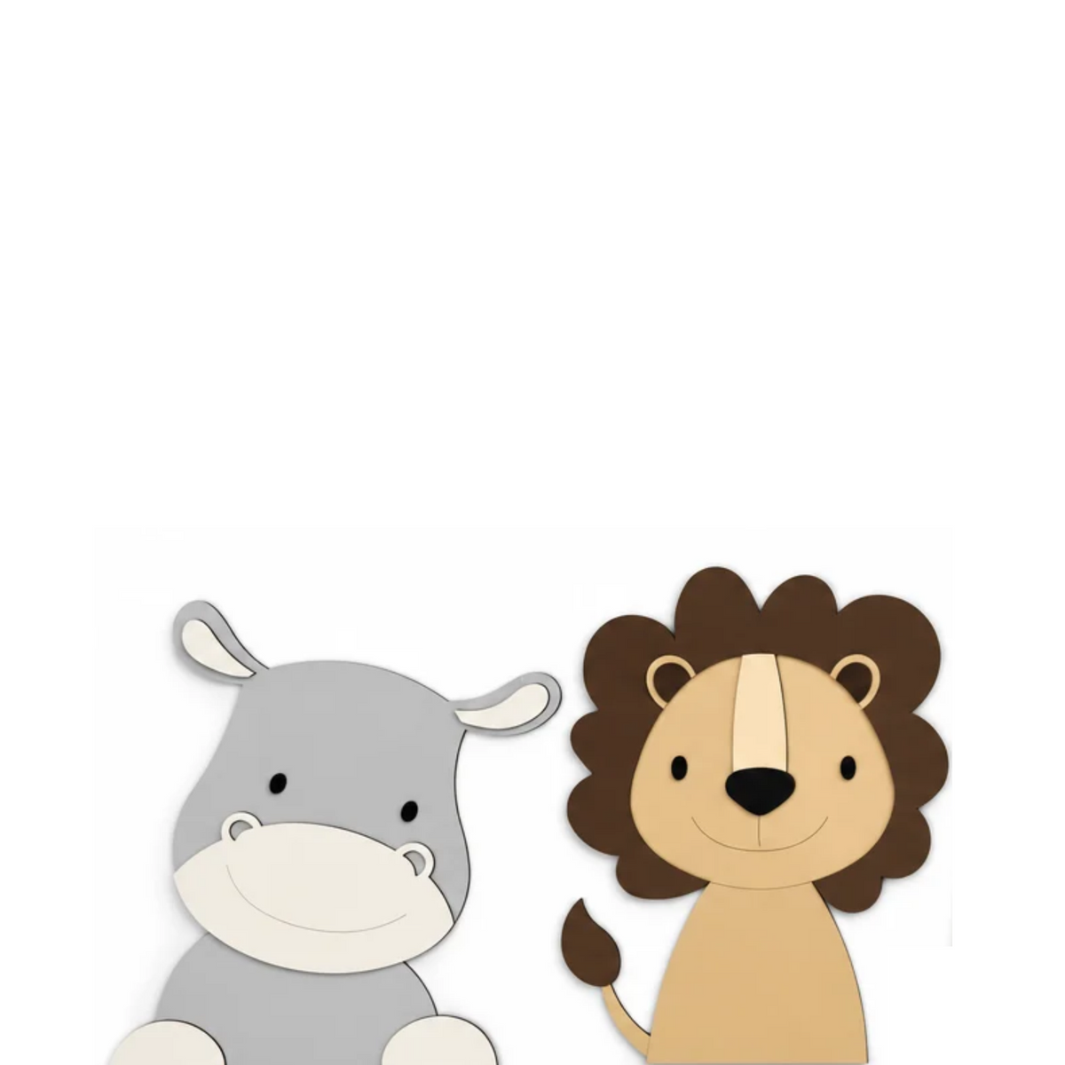 Muurdecoratie voor babykamer in junglethema, leeuw giraf en olifant in natuurlijke kleuren.