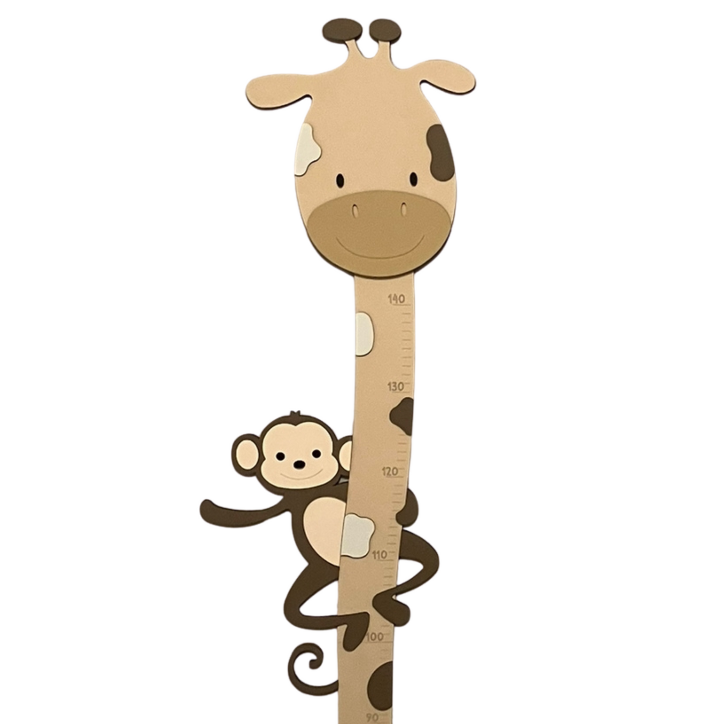 Houten groeimeter voor babykamer; giraf met aapje in natuurlijke kleuren.