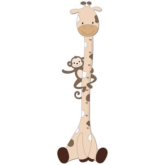 Houten muursticker - Giraf groeimeter met aapje - naturel (38x130cm)