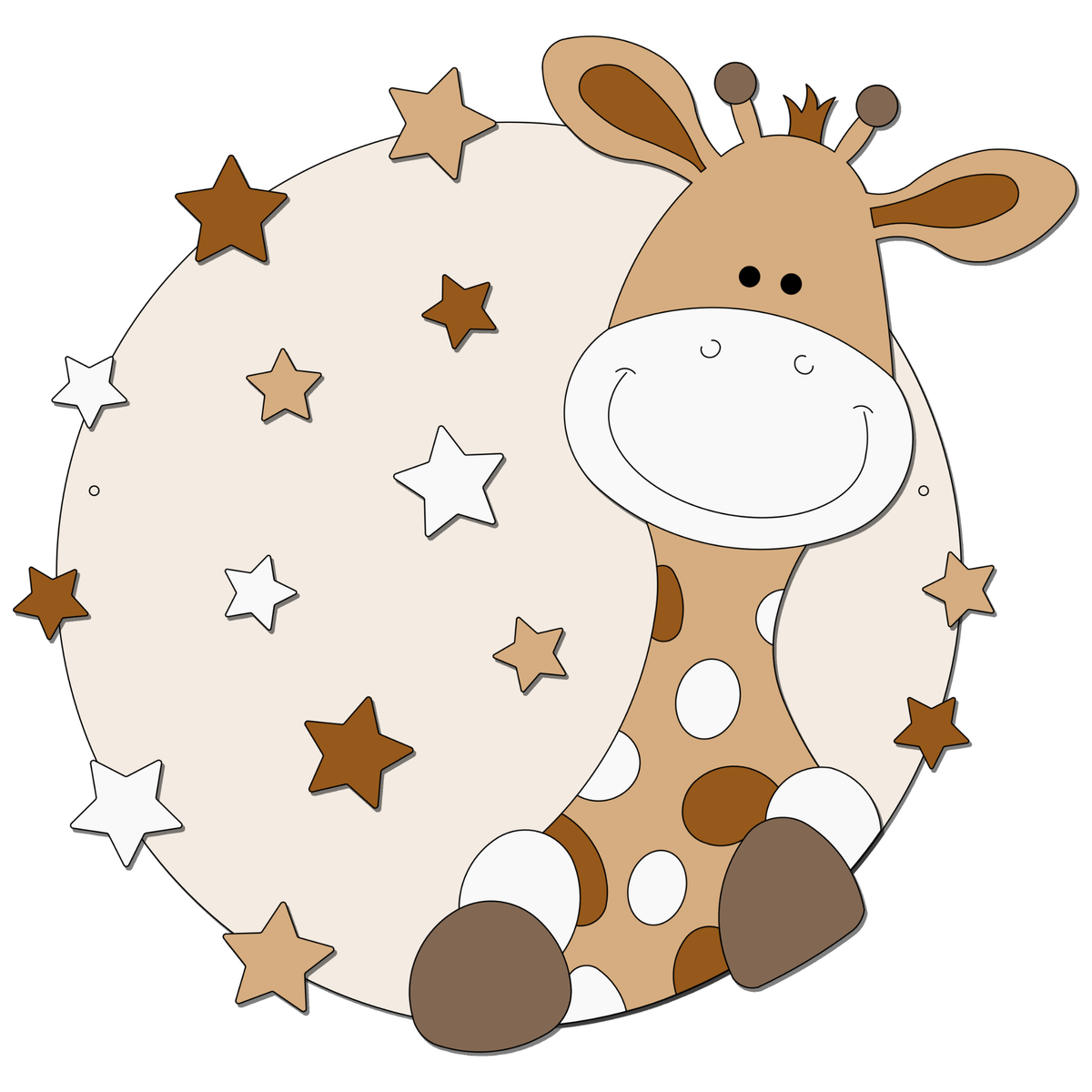 Houten muurcirkel voor de kinderkamer; beige girafje, omringd door sterren. Geschikt voor een jungle- of safarithema.