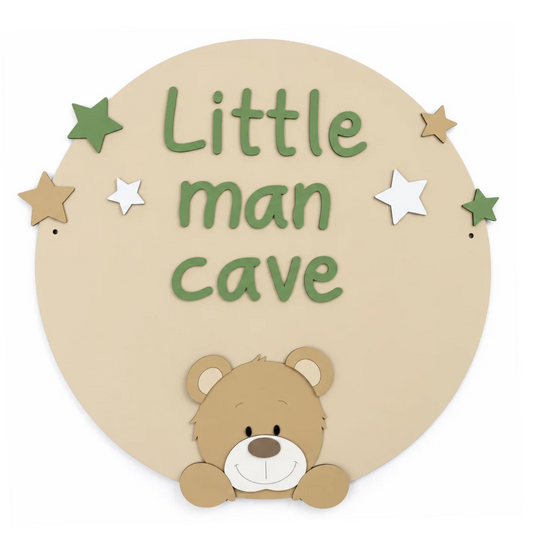 Muurdecoratie muurcirkel babykamer hout schattige beige beer op beige rond bord met de tekst little man cave