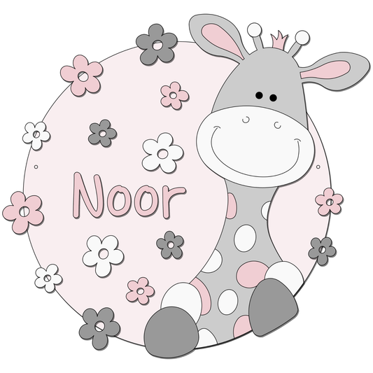 Houten muursticker - Giraf met sterren/bloemen op achterbord - grijs met te kiezen kleur (naam optioneel) - 58x58cm