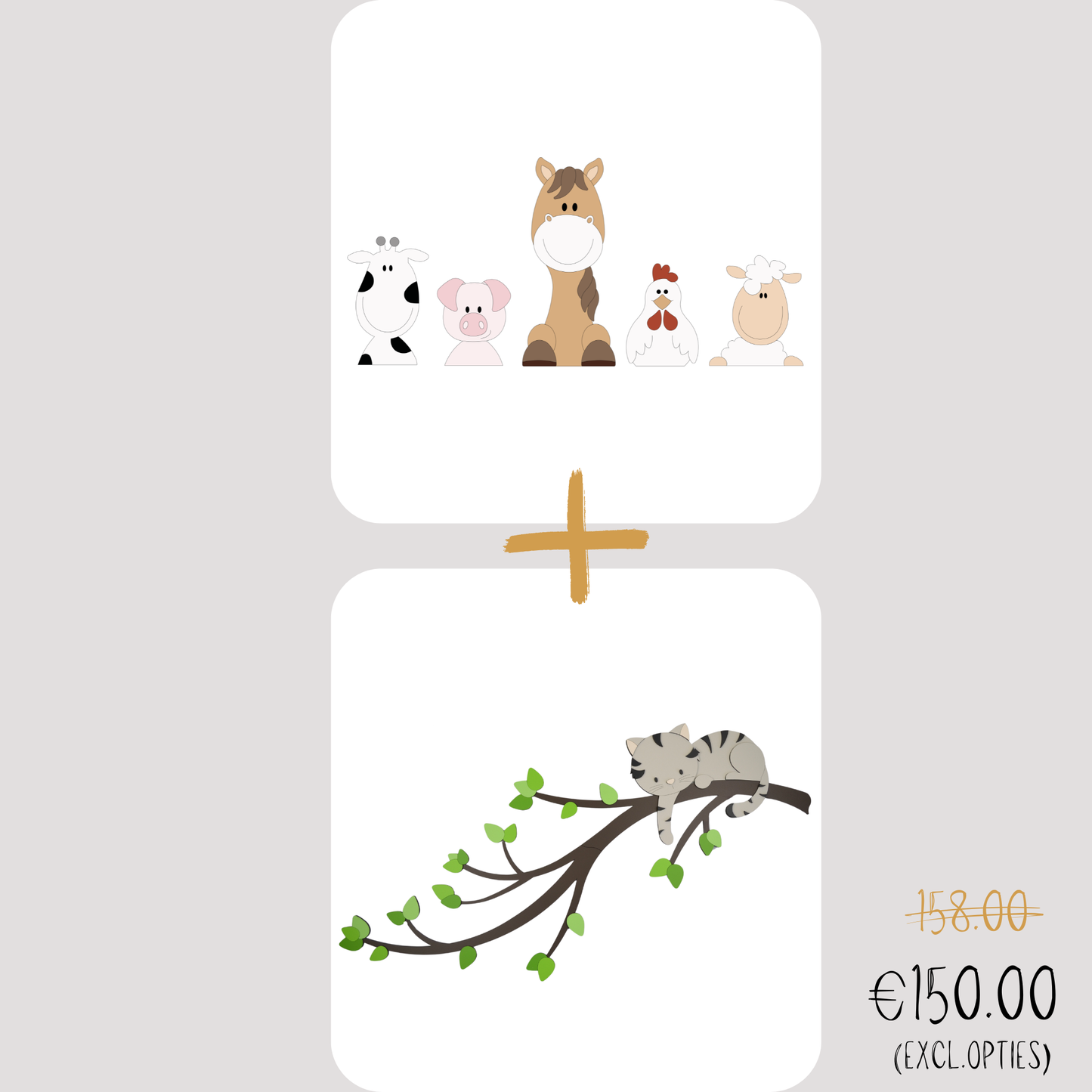 Combideal - houten muursticker - 5 Boerderijdieren en tak met ondeugend poesje - naturel (vlinders en sterren optioneel)  (110x50cm)