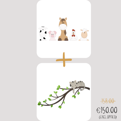 Combideal - houten muursticker - 5 Boerderijdieren en tak met ondeugend poesje - naturel (vlinders en sterren optioneel)  (110x50cm)
