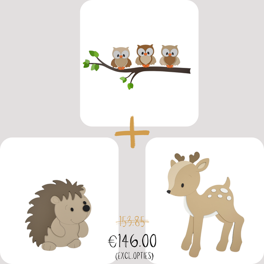 Combideal - houten muursticker - Tak met 3 bosuiltjes, hert en egeltje - naturel (vlinders optioneel ) (95x42cm)