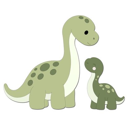 Houten muurstickers van een grote lichtgroene dino met een kleine donkergroene baby dino, met 3D-effect voor de baby- en kinderkamer. Geschikt voor een dinothema of dinokamer.