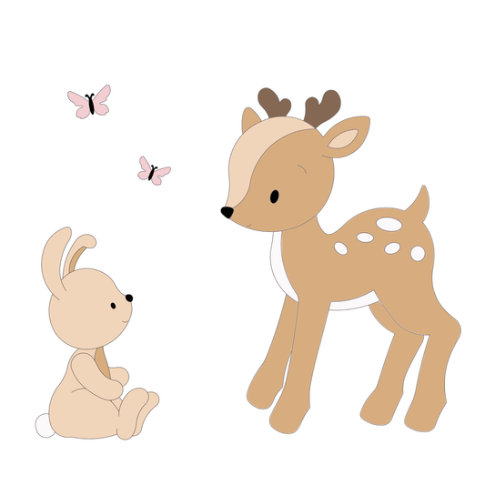 Houten muursticker - DIY-Hertje met konijntje - blank - zelf verven en verlijmen (70x55cm) (vlinders optioneel)