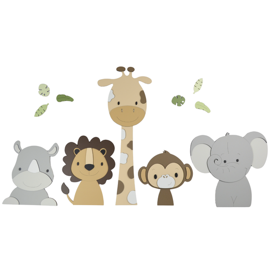 Houten muurstickers met jungledieren voor de babykamer – giraf, leeuw en olifant als natuurlijke wanddecoratie in beige tinten